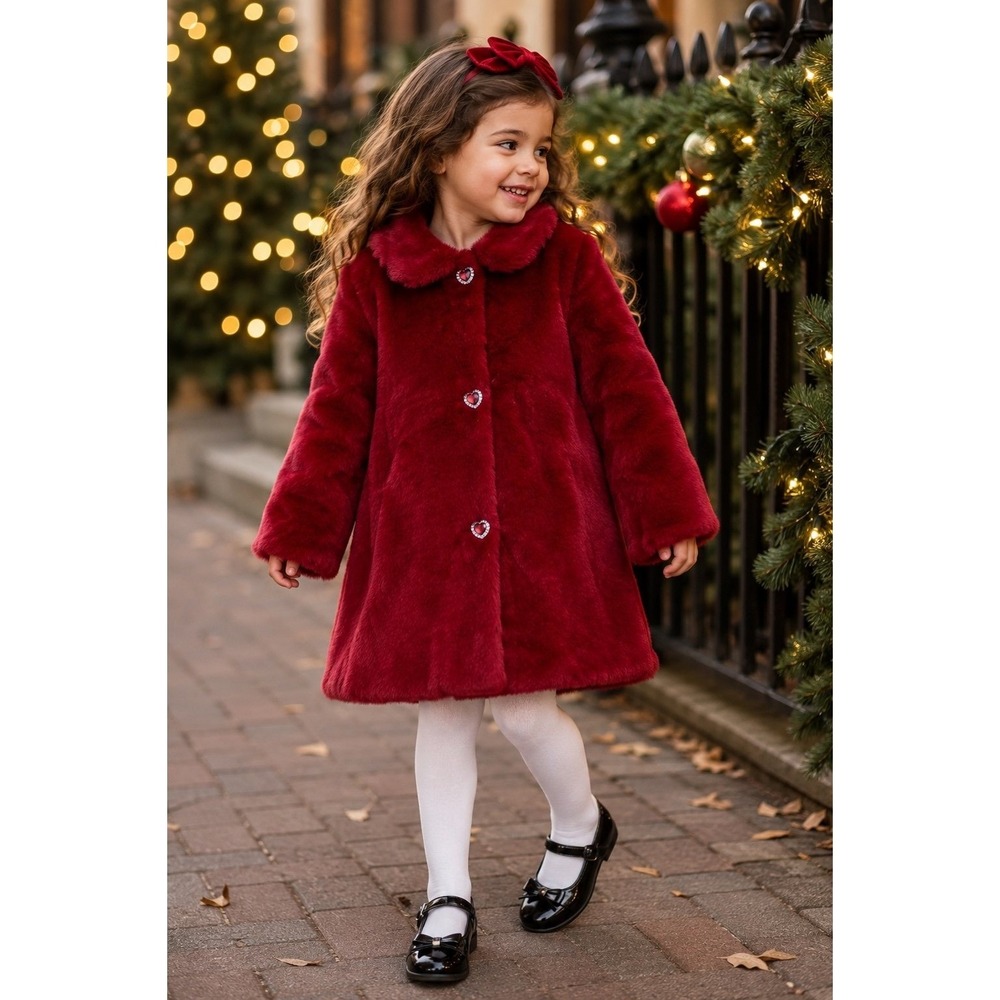 Nannette Girls 4T Red Faux Fur Coat Rhinestone Heart Buttons Holiday Dressy